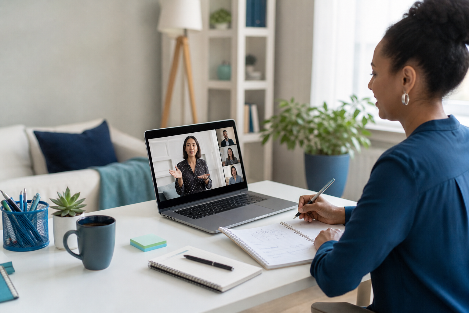 A virtual training session on a laptop in a bright workspace