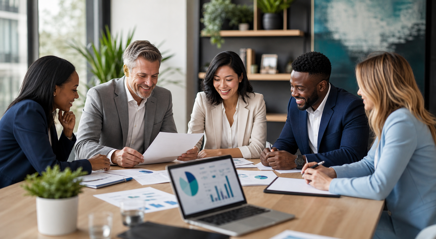 Professionals reviewing proposal documents and charts in a bright meeting room